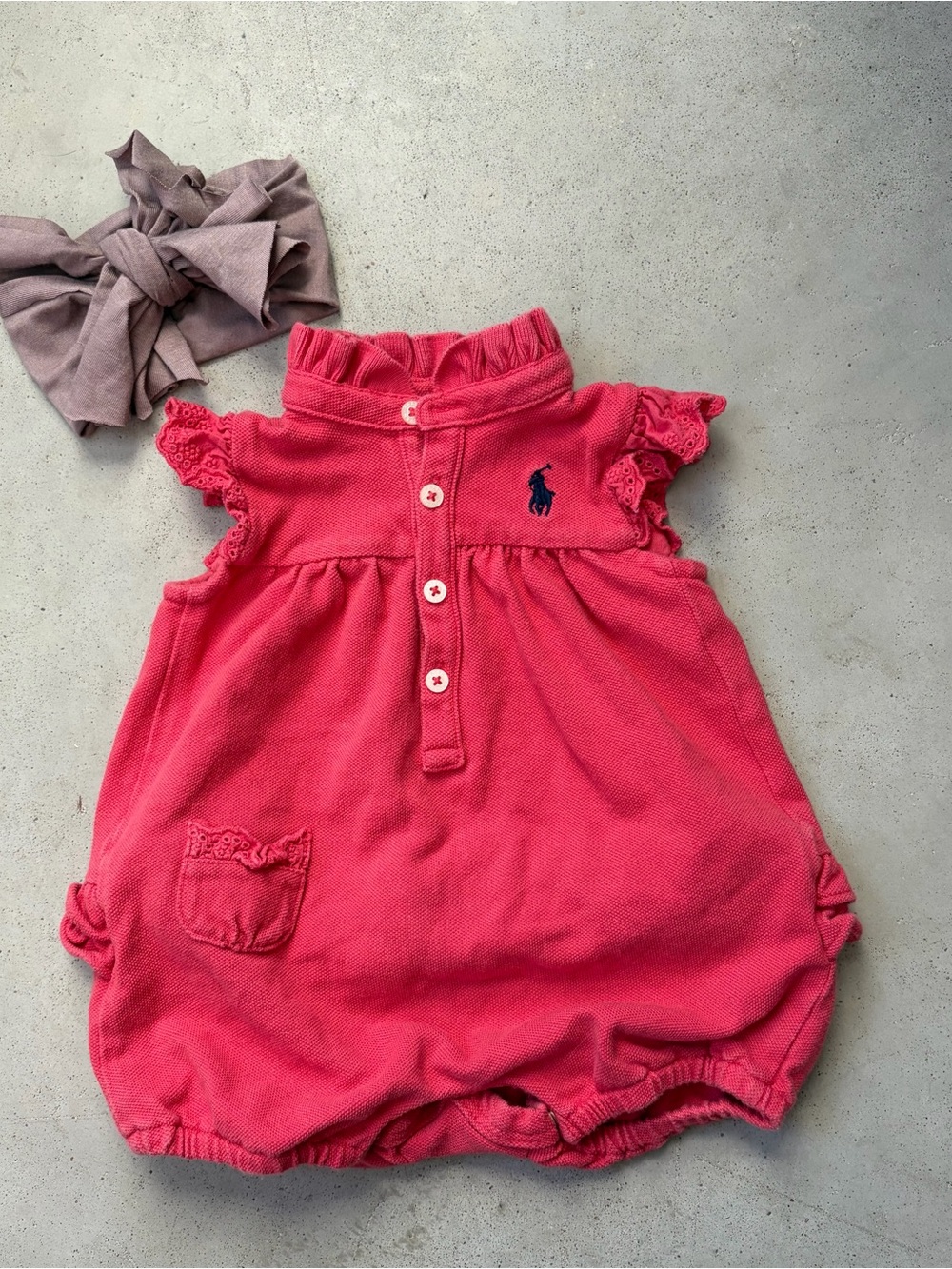 Ralph Lauren Pink Ruffle Eyelet Bubble Romper & Headband Set 3M⁠